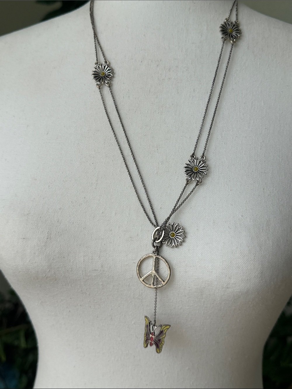Lucky brand, adjustable pendant, butterfly, and peace sign necklace